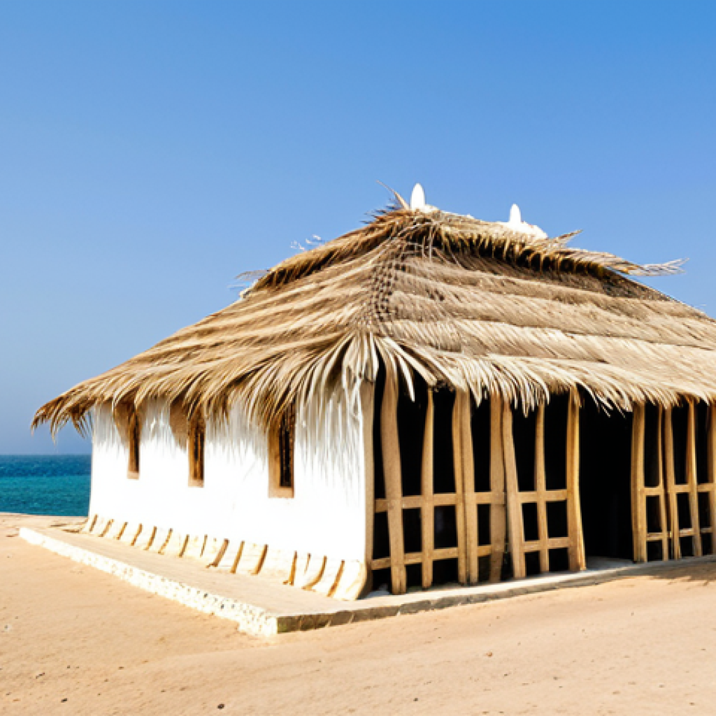Barasti House on the Coast**

"A traditional Omani Barasti house, fully clothed, built from woven palm fronds, on a sunny coastline with a gentle sea breeze, appropriate attire, safe for work, perfect anatomy, correct proportions, well-formed hands, proper finger count, natural body proportions, bright daylight, clear sky, professional photography, high quality, family-friendly."

**