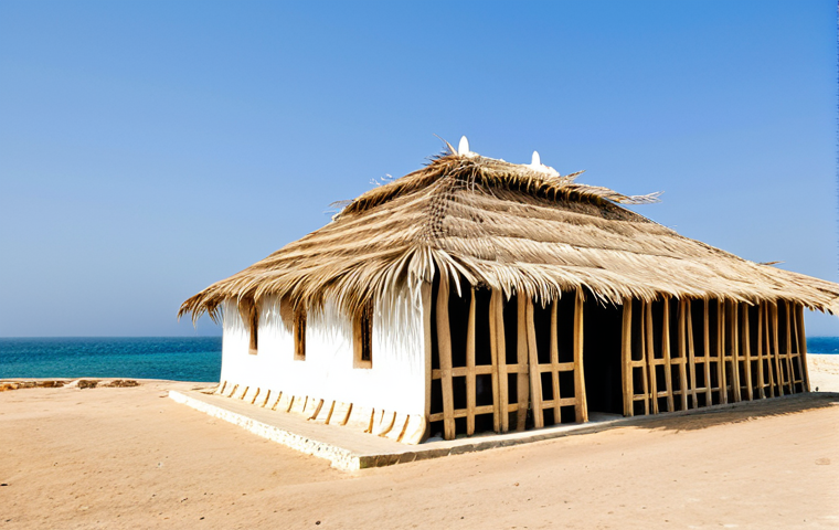 Barasti House on the Coast**
"A traditional Omani Barasti house, fully clothed, built from woven palm fronds, on a sunny coastline with a gentle sea breeze, appropriate attire, safe for work, perfect anatomy, correct proportions, well-formed hands, proper finger count, natural body proportions, bright daylight, clear sky, professional photography, high quality, family-friendly."
**
