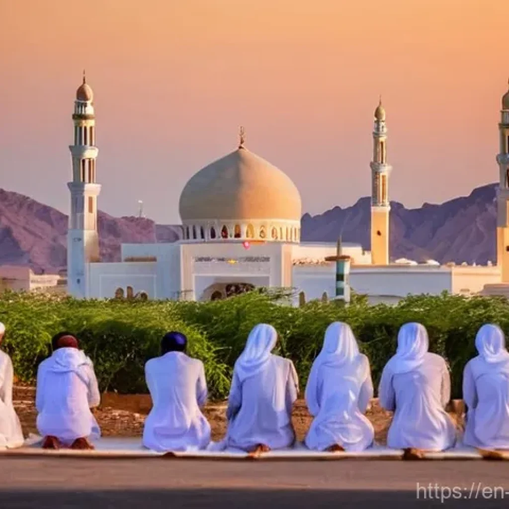 오만의 이슬람 의식 - **Prompt: The Serene Call to Prayer at Sunset in Oman**
    "An atmospheric shot capturing an Omani ...