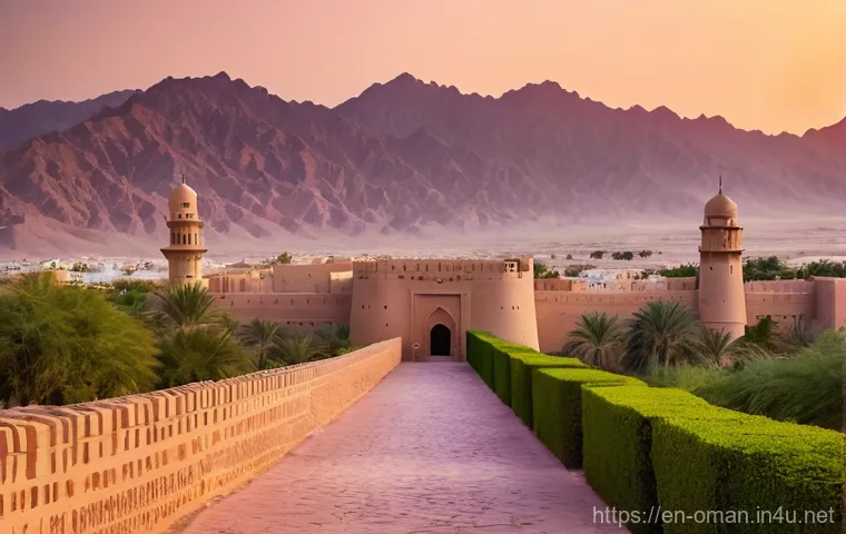 오만 유명 유적지 탐방 - **A Grand Omani Fortress at Golden Hour:**
A majestic Omani fortress, inspired by Nizwa Fort, st...