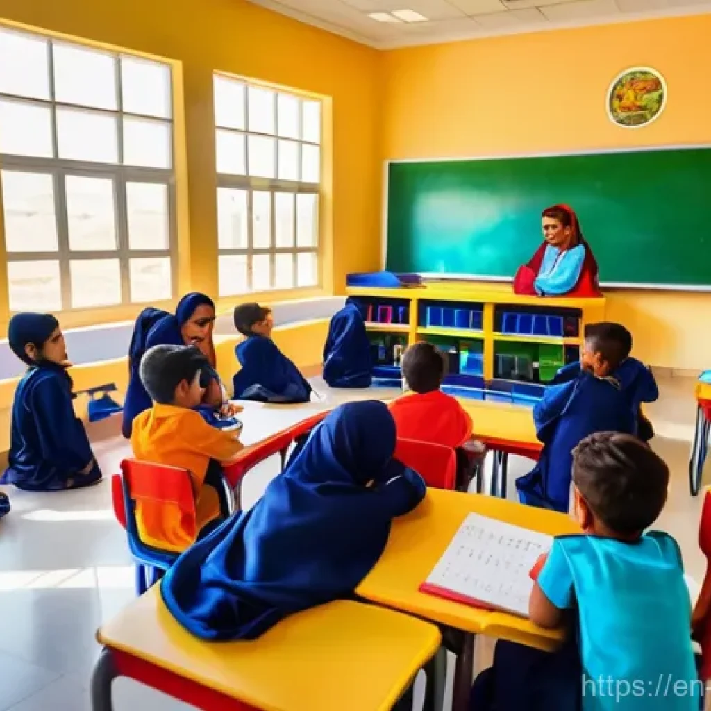 오만의 교육 시스템 - **Vibrant Early Learning in Oman:** A modern, sunlit primary school classroom in Oman, filled with d...