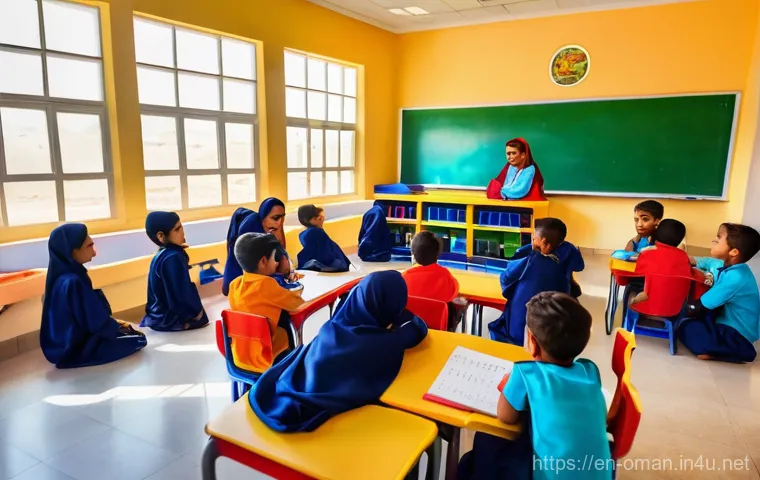오만의 교육 시스템 - **Vibrant Early Learning in Oman:** A modern, sunlit primary school classroom in Oman, filled with d...