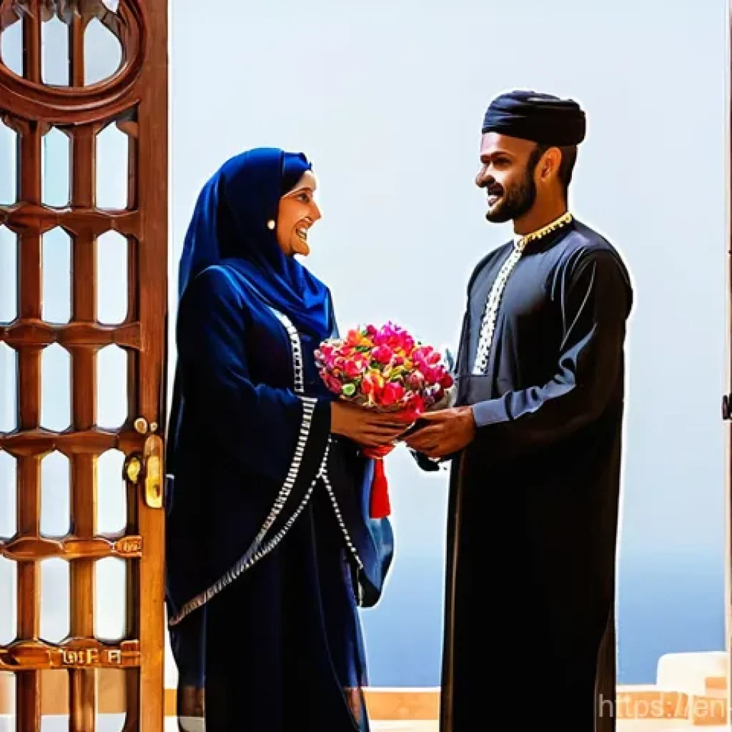 오만의 독특한 식사 예절 - **Warm Welcome to an Omani Home:** A detailed image of a friendly Omani host, dressed in traditional...