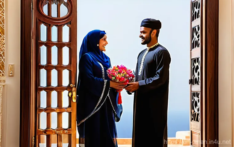 오만의 독특한 식사 예절 - **Warm Welcome to an Omani Home:** A detailed image of a friendly Omani host, dressed in traditional...