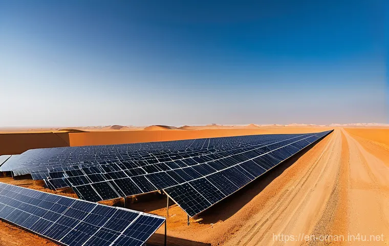 오만의 친환경 정책 - **"Oman's Solar Power Horizon"**
A panoramic, photorealistic landscape image depicting the vastn...