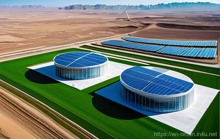 오만의 친환경 정책 - **"Oman's Solar Power Horizon"**
    A panoramic, photorealistic landscape image depicting the vastn...