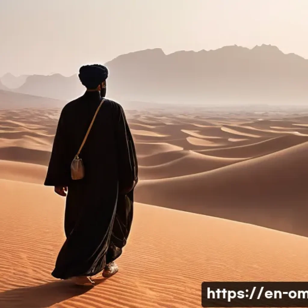 오만의 민속 이야기 - **Prompt 1: The Guiding Jinn of Wadi Mysticism**
    A lone Omani traveler, dressed in traditional m...