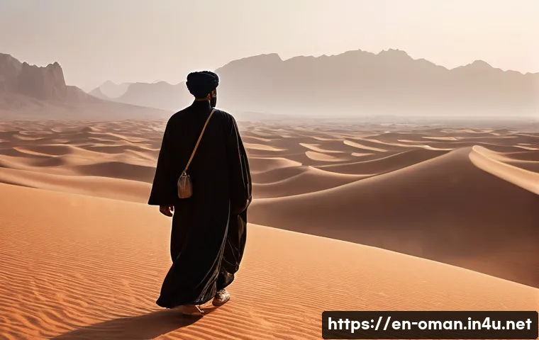 오만의 민속 이야기 - **Prompt 1: The Guiding Jinn of Wadi Mysticism**
    A lone Omani traveler, dressed in traditional m...