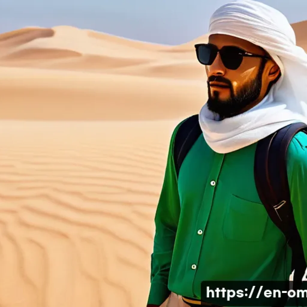 오만 방문 전 필수 준비물 - A traveler dressed in modest, lightweight cotton and linen clothing suitable for Oman's desert clima...