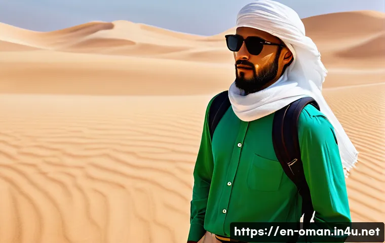 오만 방문 전 필수 준비물 - A traveler dressed in modest, lightweight cotton and linen clothing suitable for Oman's desert clima...