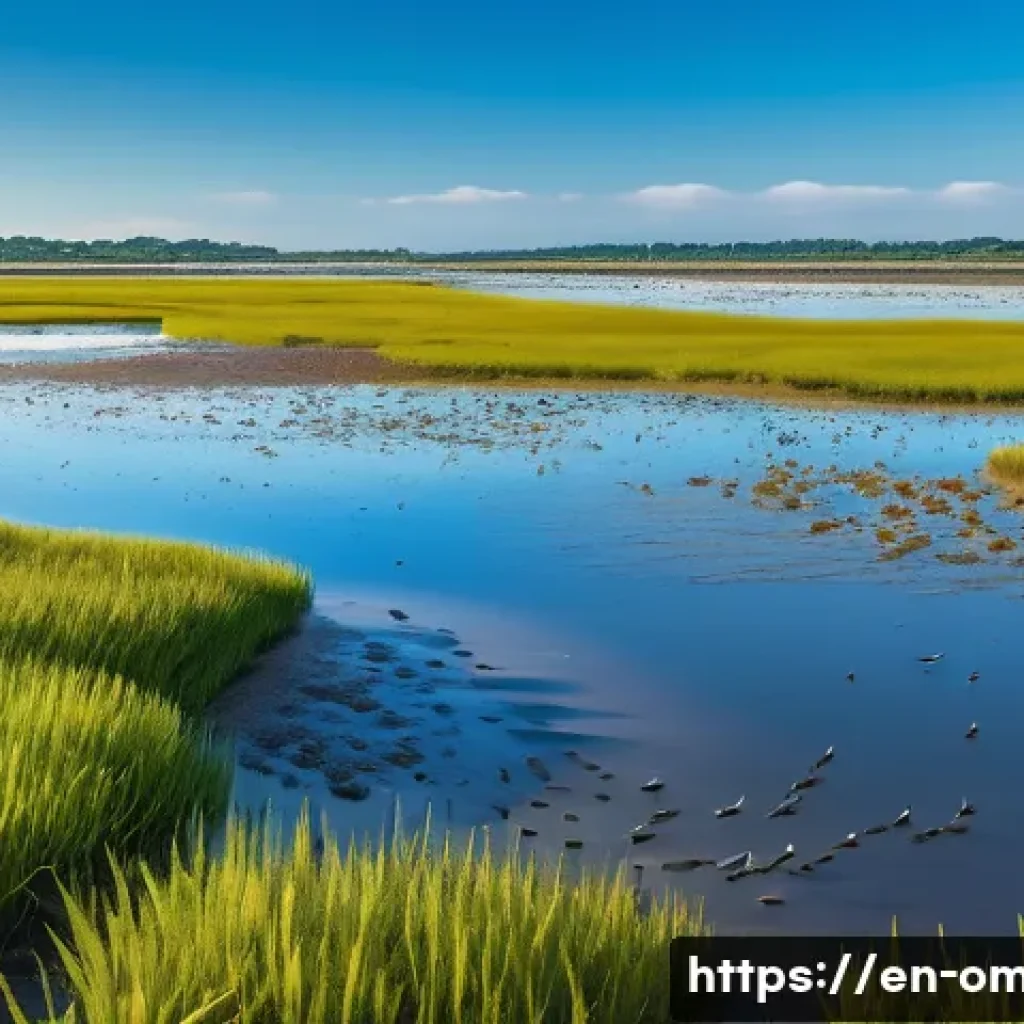 오만의 가장 큰 습지 - A vibrant salt marsh and mudflat scene during low tide, showing numerous tiny crabs and worms active...