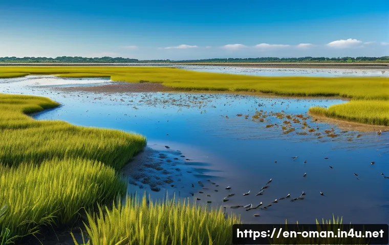 오만의 가장 큰 습지 - A vibrant salt marsh and mudflat scene during low tide, showing numerous tiny crabs and worms active...
