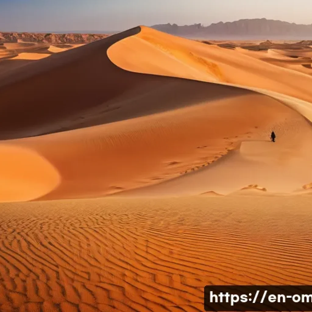 오만을 배경으로 한 영화 - A vast panoramic view of the Wahiba Sands desert at golden hour, featuring endless rolling sand dune...