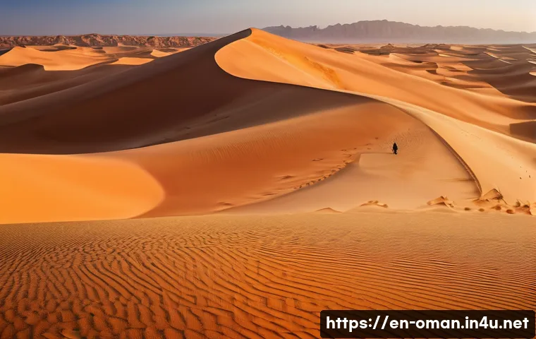 오만을 배경으로 한 영화 - A vast panoramic view of the Wahiba Sands desert at golden hour, featuring endless rolling sand dune...