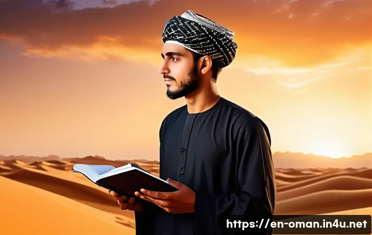 오만의 유명 시인과 작가 - A young Omani poet standing in the vast desert at sunset, wearing traditional yet modern modest clot...