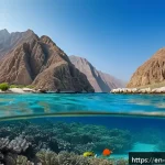 오만 해안 스노클링 - A serene, secluded bay along Oman&rsquo;s Musandam Peninsula featuring crystal-clear turquoise water with ...