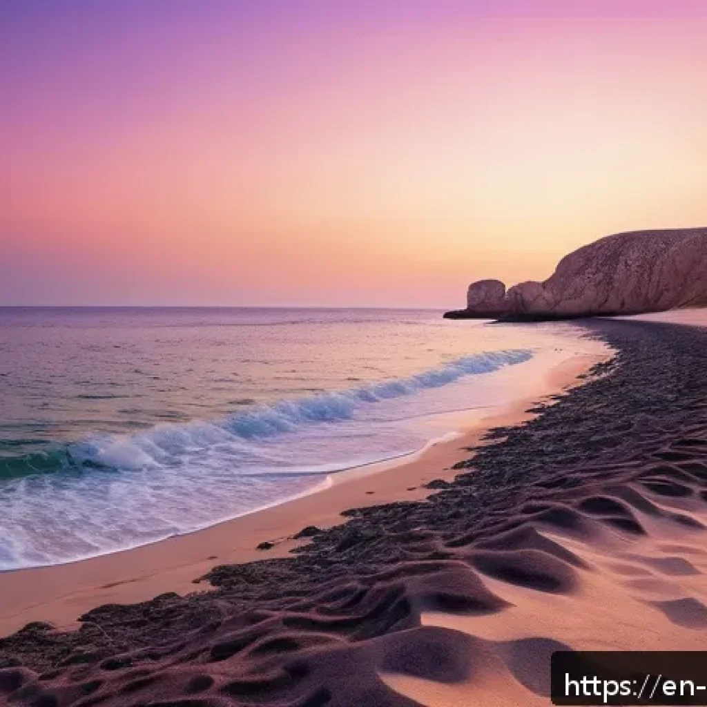 오만 알할라니야 섬 여행 - A serene coastal landscape of Al Hallaniyah Island at sunset, featuring pristine white sandy beaches...