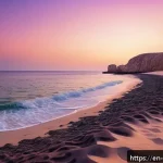 오만 알할라니야 섬 여행 - A serene coastal landscape of Al Hallaniyah Island at sunset, featuring pristine white sandy beaches...