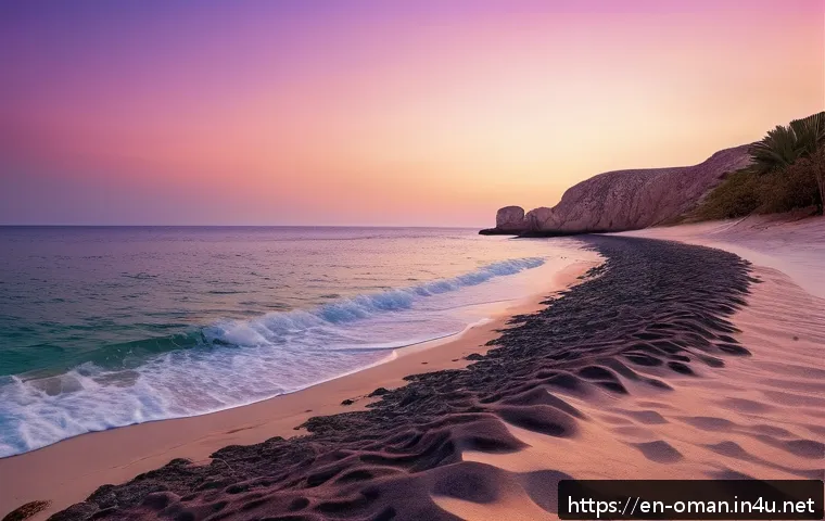 오만 알할라니야 섬 여행 - A serene coastal landscape of Al Hallaniyah Island at sunset, featuring pristine white sandy beaches...