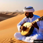 오만의 전통 악기와 음악 - A skilled Omani musician playing a traditional oud in a sunlit desert setting, wearing modest tradit...