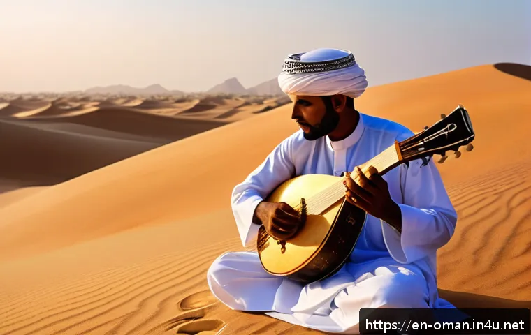 오만의 전통 악기와 음악 - A skilled Omani musician playing a traditional oud in a sunlit desert setting, wearing modest tradit...