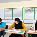 오만 언어 배우기 - A detailed classroom scene showing a diverse group of adult students learning Arabic script on white...