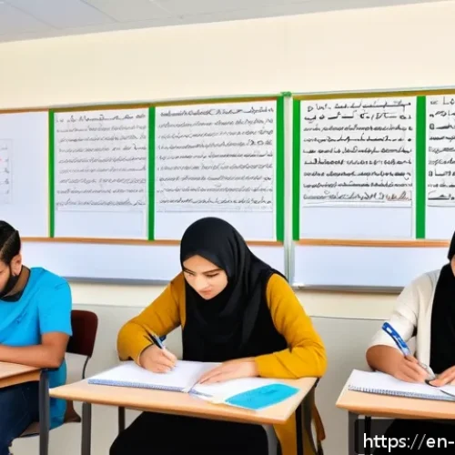 오만 언어 배우기 - A detailed classroom scene showing a diverse group of adult students learning Arabic script on white...
