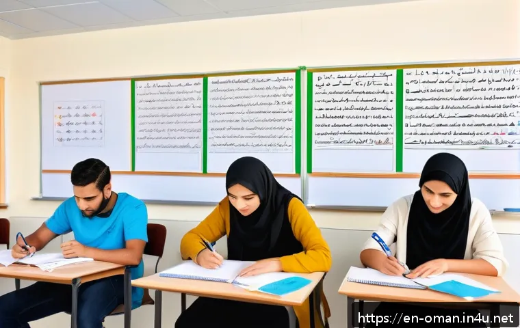 오만 언어 배우기 - A detailed classroom scene showing a diverse group of adult students learning Arabic script on white...