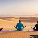 오만에서의 명상과 요가 - A serene yoga session at sunrise in Oman&rsquo;s vast desert, featuring a diverse group of adults wearing ...
